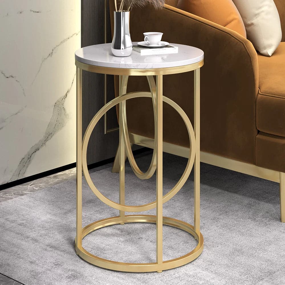 Modern White Round End Table Marble Top Side Table Metal in Gold