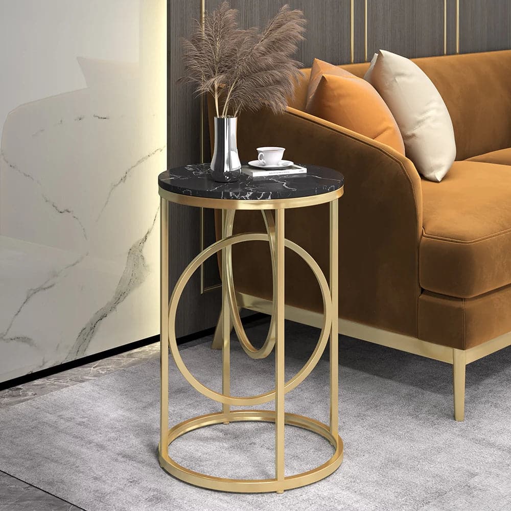 Black Round End Table Marble Top Side Table Metal in Gold