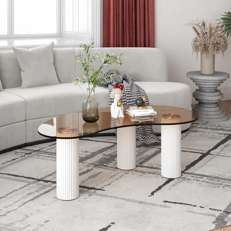 Table basse moderne avec verre trempé et pieds en bois massif