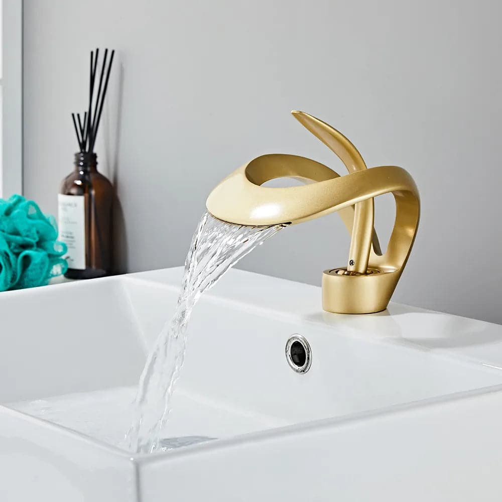 Modern Elegant Waterfall Bathroom Sink Faucet Single Handle Solid Brass in Gold#Gold