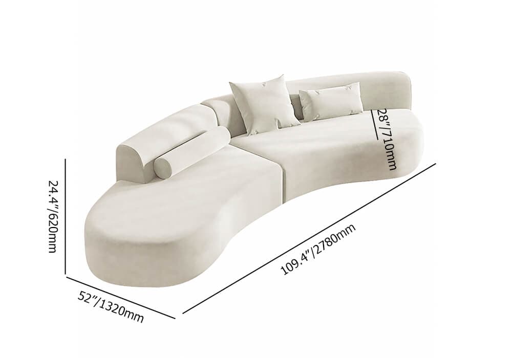 109 inch Modern White Curved Velvet Sectional Sofa 2 Piece 4-Seater Chaise with 3 Pillows#White