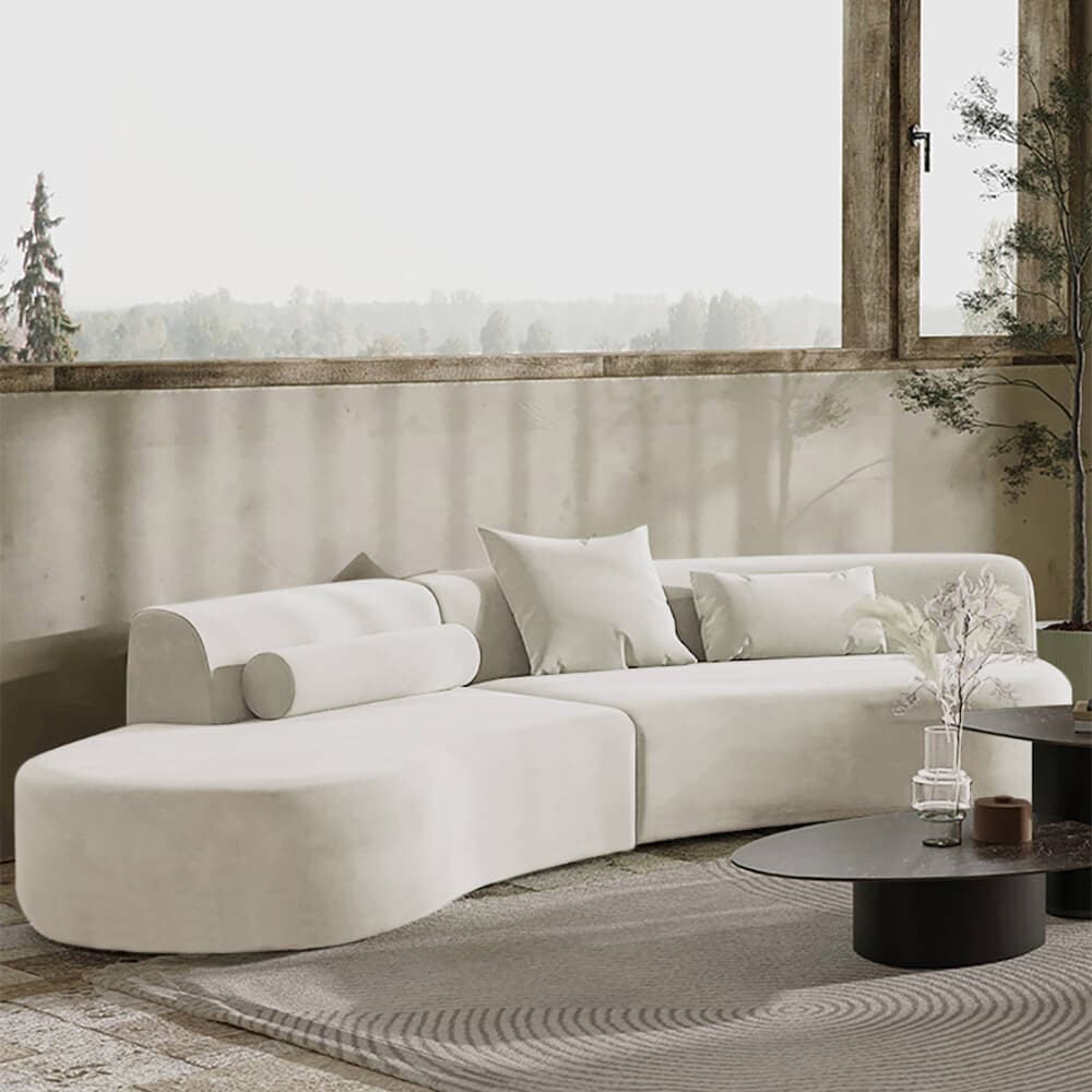 109 inch Modern White Curved Velvet Sectional Sofa 2 Piece 4-Seater Chaise with 3 Pillows#White