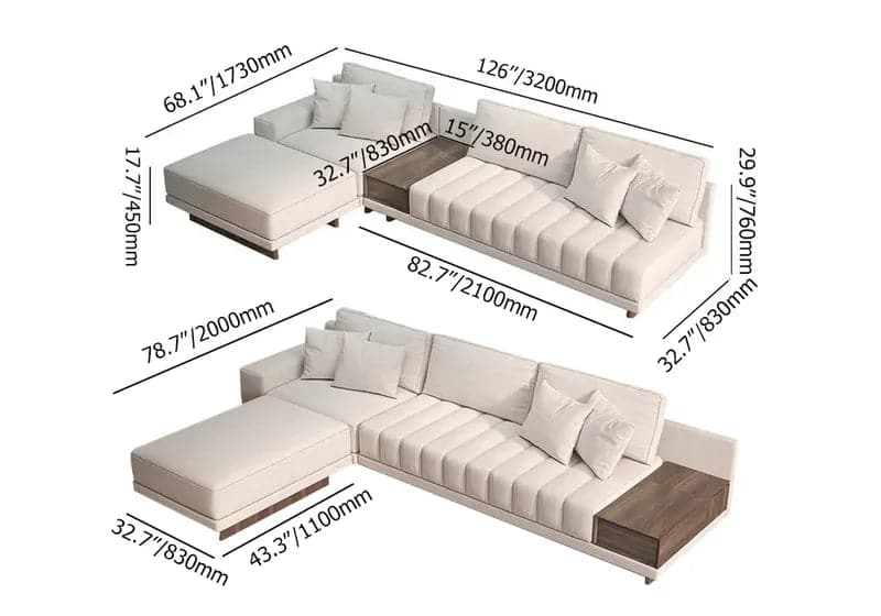 Canapé sectionnel modulaire blanc cassé en forme de L de 126 po avec pouf pour le salon