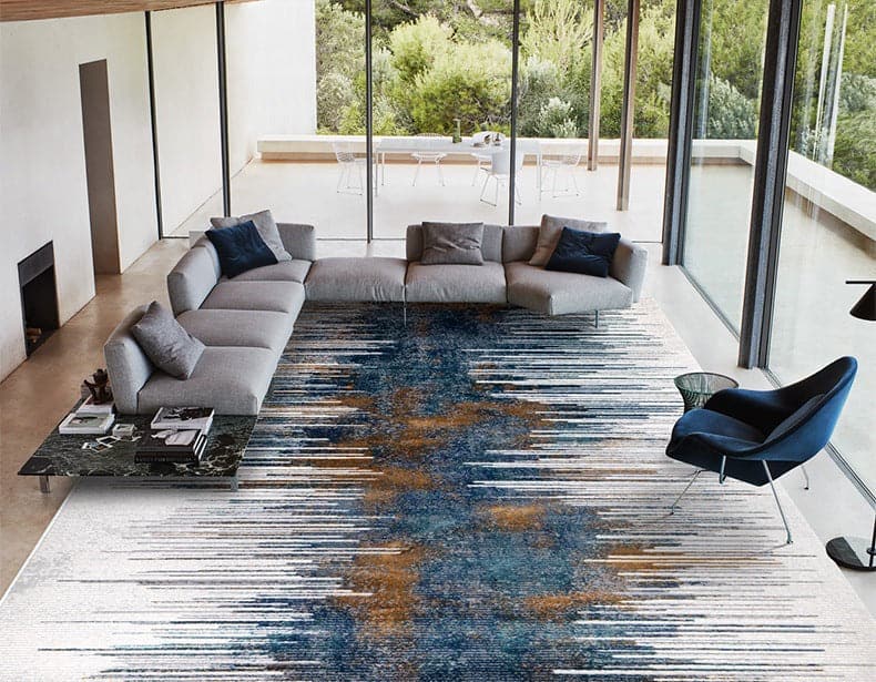 Contemporary Dark Gold Accented Deep Blue Rug for Living Room and Bedroom