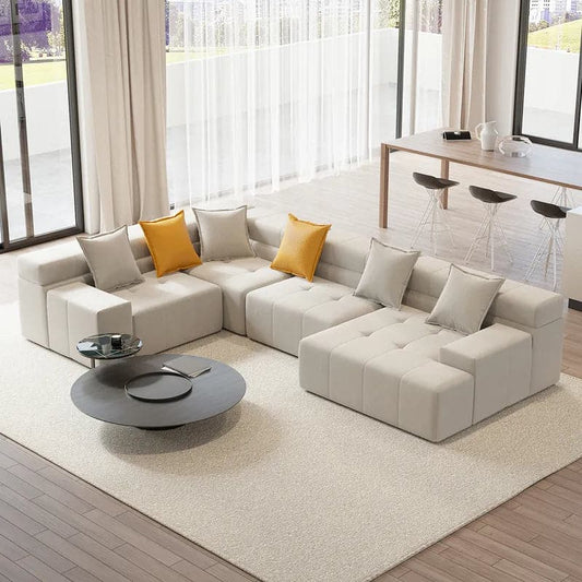 133" L-Shaped Modern Off White Velvet Modular Sectional Sofa with Chaise