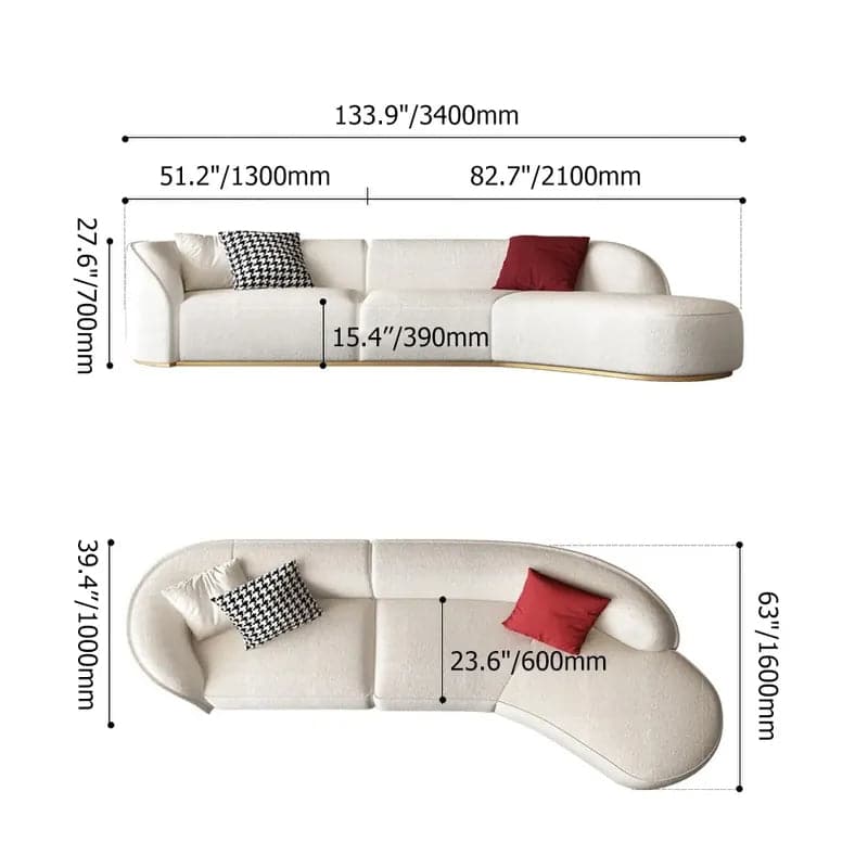 Canapé sectionnel blanc incurvé de 134 po, canapé de sol rembourré à 5 places en fausse fourrure de polyester