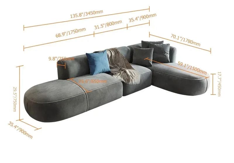 136 inch L-Shaped Sectional Corner Modern Modular Sofa with Pillows in Gray