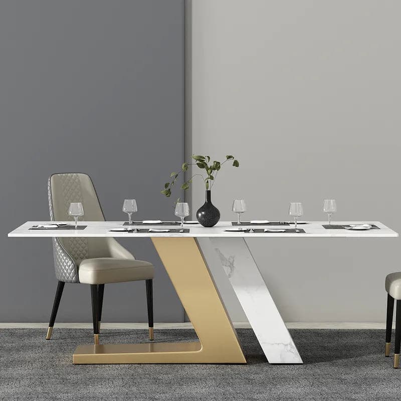 Table de salle à manger blanche moderne 63"/71"/79" pour 8 rectangles en pierre frittée et piédestal en acier inoxydable