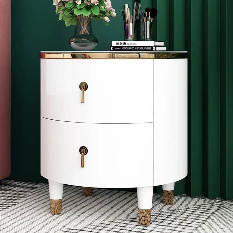 2-Drawer Round Nightstand Modern White Nightstand in Gold Finish