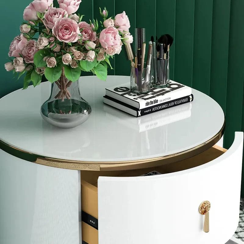 Table de chevet ronde à 2 tiroirs, moderne, blanche, finition dorée