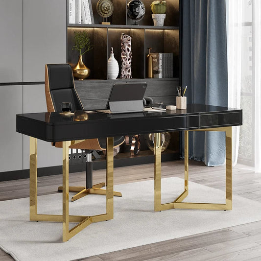 2-Drawers Black/White Office Desk 55 Modern Writing Desk Gold Tripod Base Stainless Steel#Black