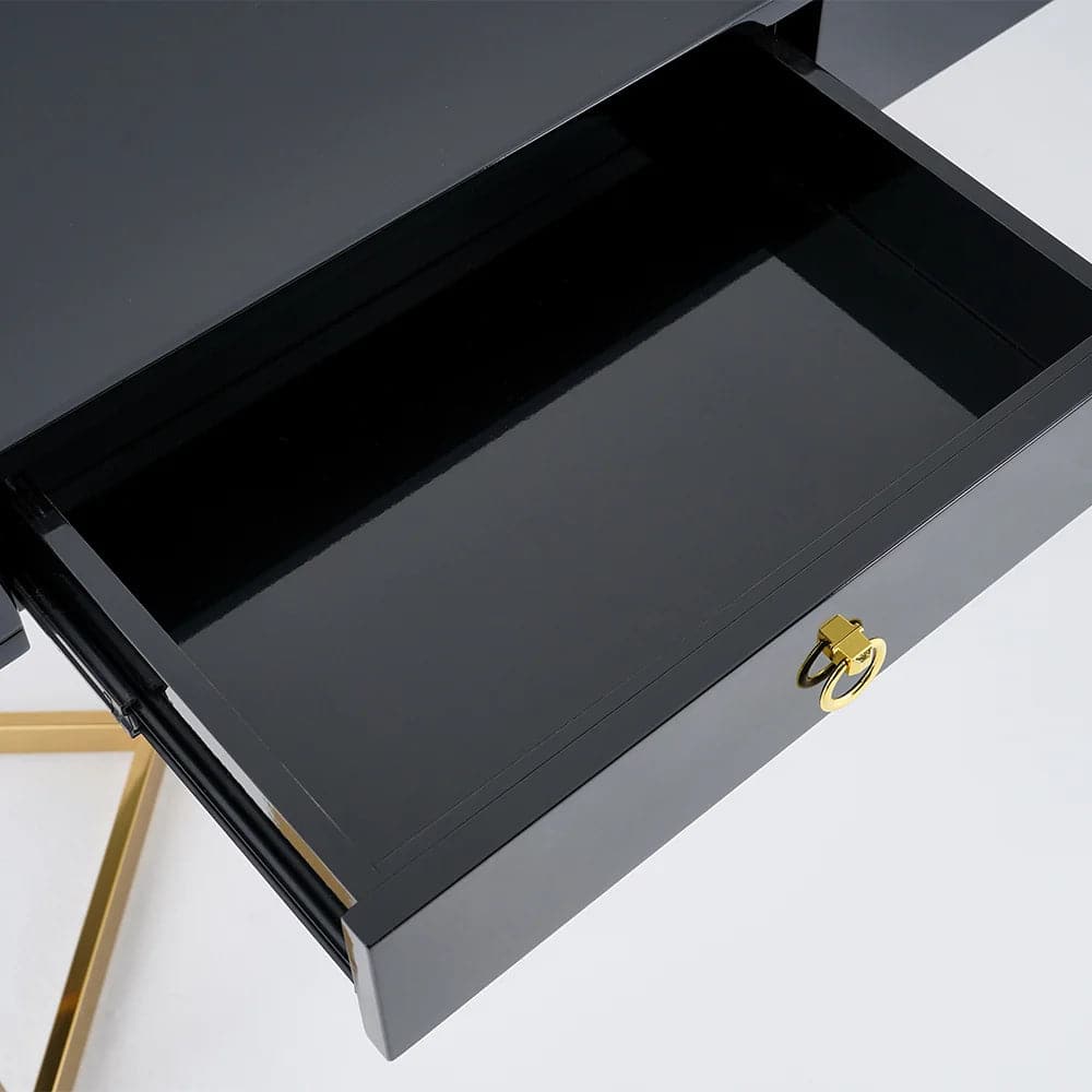 2-Drawers Black/White Office Desk 55 Modern Writing Desk Gold Tripod Base Stainless Steel#Black