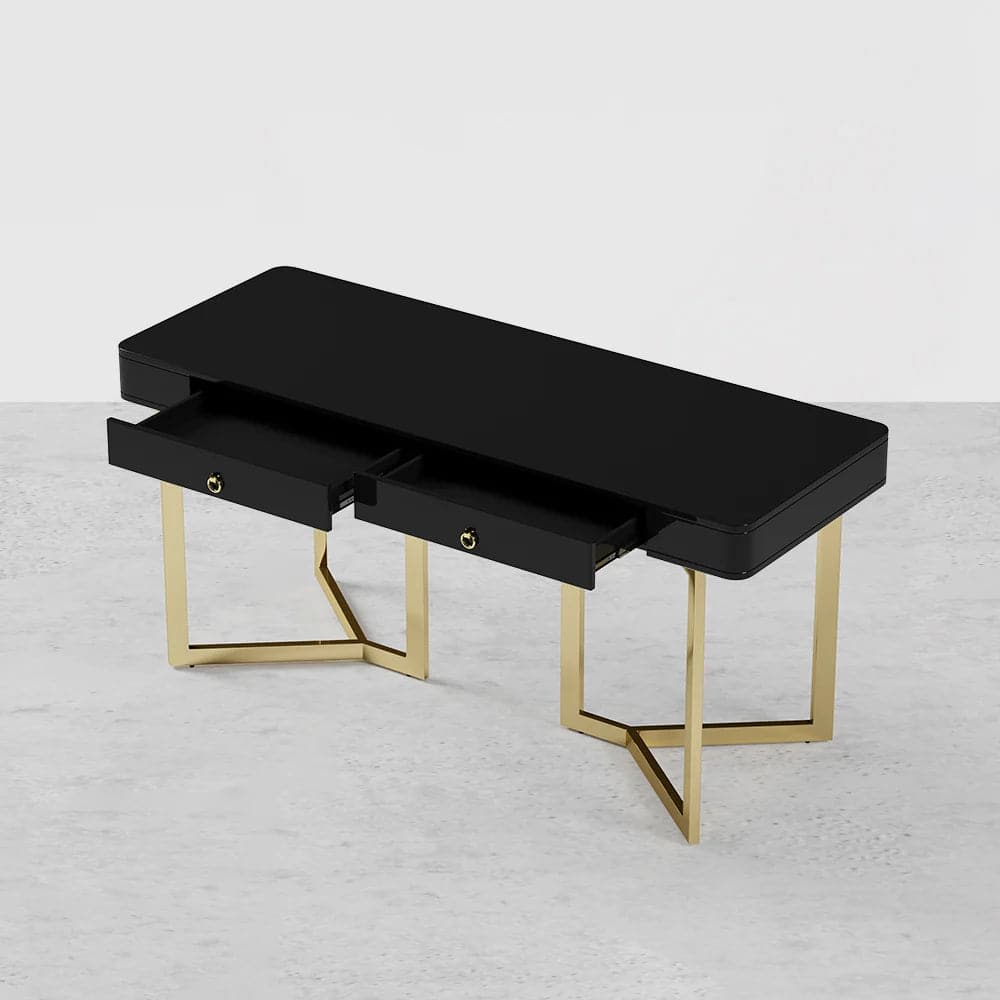 2-Drawers Black/White Office Desk 55 Modern Writing Desk Gold Tripod Base Stainless Steel#Black