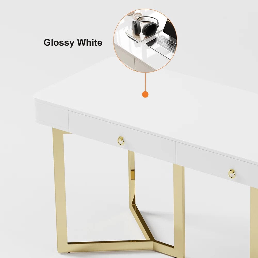 2-Drawers Black/White Office Desk 55 Modern Writing Desk Gold Tripod Base Stainless Steel#White