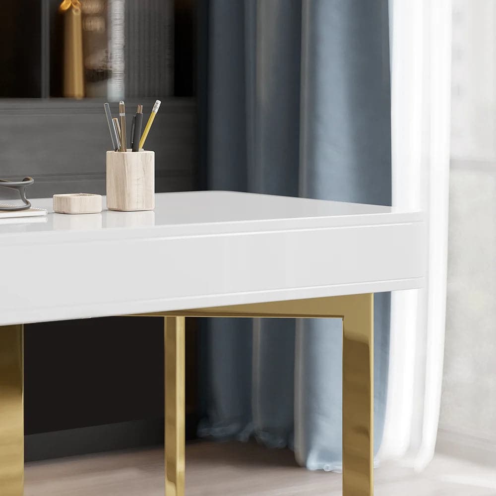 2-Drawers Black/White Office Desk 55 Modern Writing Desk Gold Tripod Base Stainless Steel#White