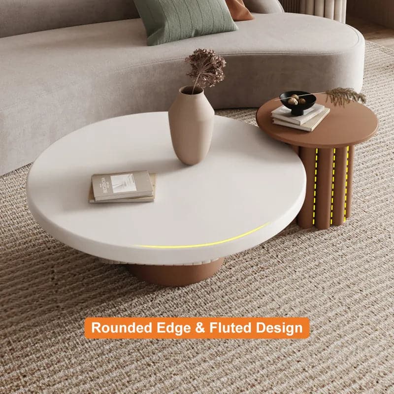 2-Piece Round Wood Coffee Table Set with Fluted Base in White & Walnut