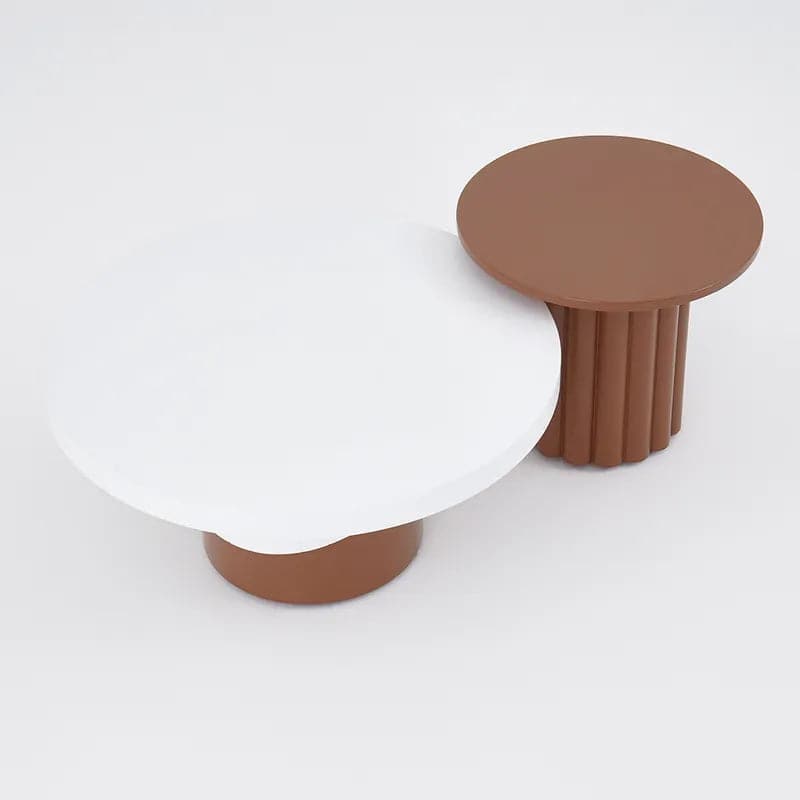 Ensemble de table basse ronde en bois 2 pièces avec base cannelée en blanc et noyer