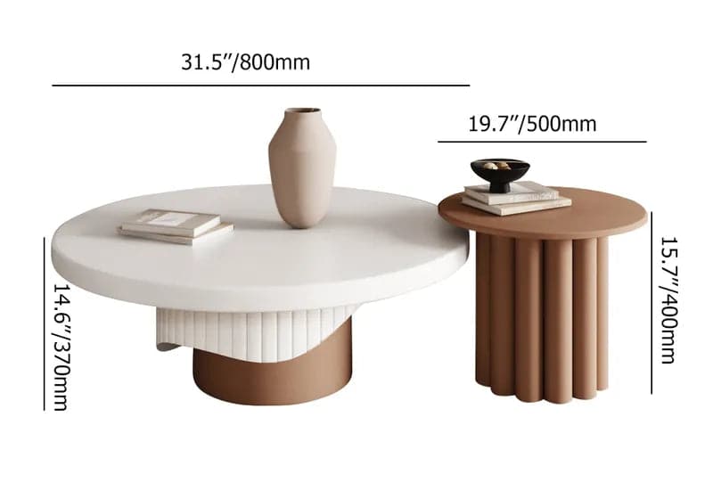 Ensemble de table basse ronde en bois 2 pièces avec base cannelée en blanc et noyer