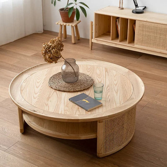 Table basse ronde moderne en bois à 2 niveaux avec base en rotin