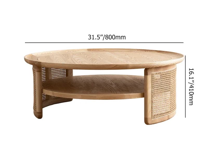 2-Tiered Modern Round Wood Coffee Table with Rattan Base