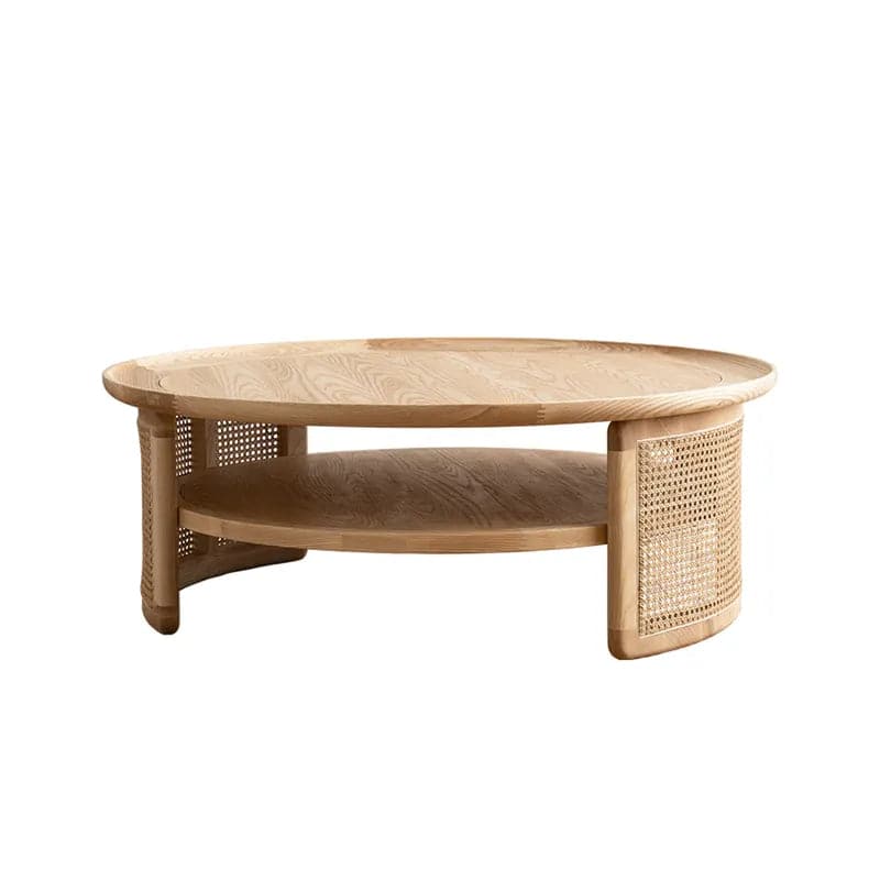 2-Tiered Japandi Round Wood Coffee Table with Rattan Base