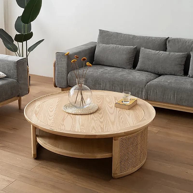 Table basse ronde moderne en bois à 2 niveaux avec base en rotin