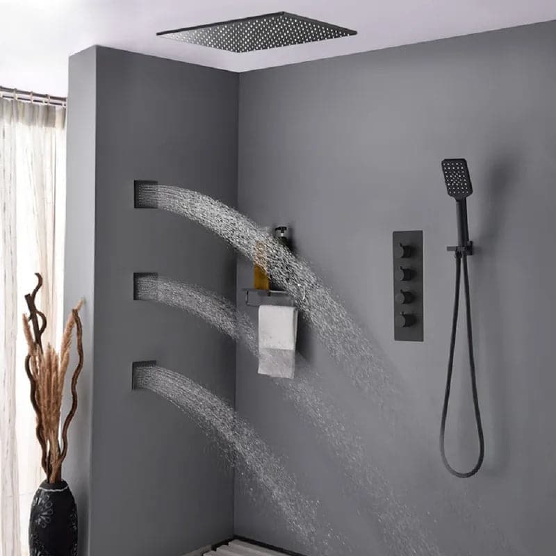 16''/20'' Black Shower System Large Rainfall Shower Head with Hand Shower and 3 Body Jets
