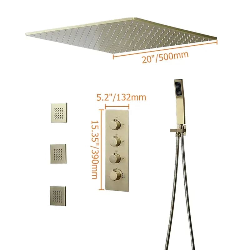 20" Thermostatic Rain Shower System with Hand Shower & 3 Body Jet Sprays in Brushed Gold