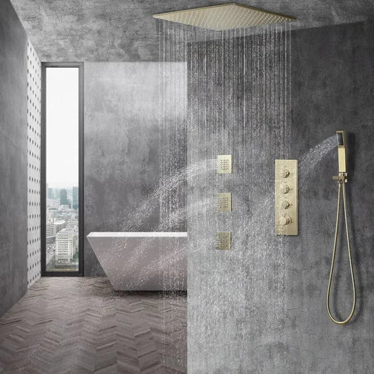 20" Thermostatic Rain Shower System with Hand Shower & 3 Body Jet Sprays in Brushed Gold