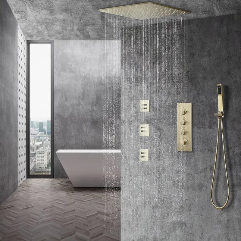 20" Thermostatic Rain Shower System with Hand Shower & 3 Body Jet Sprays in Brushed Gold