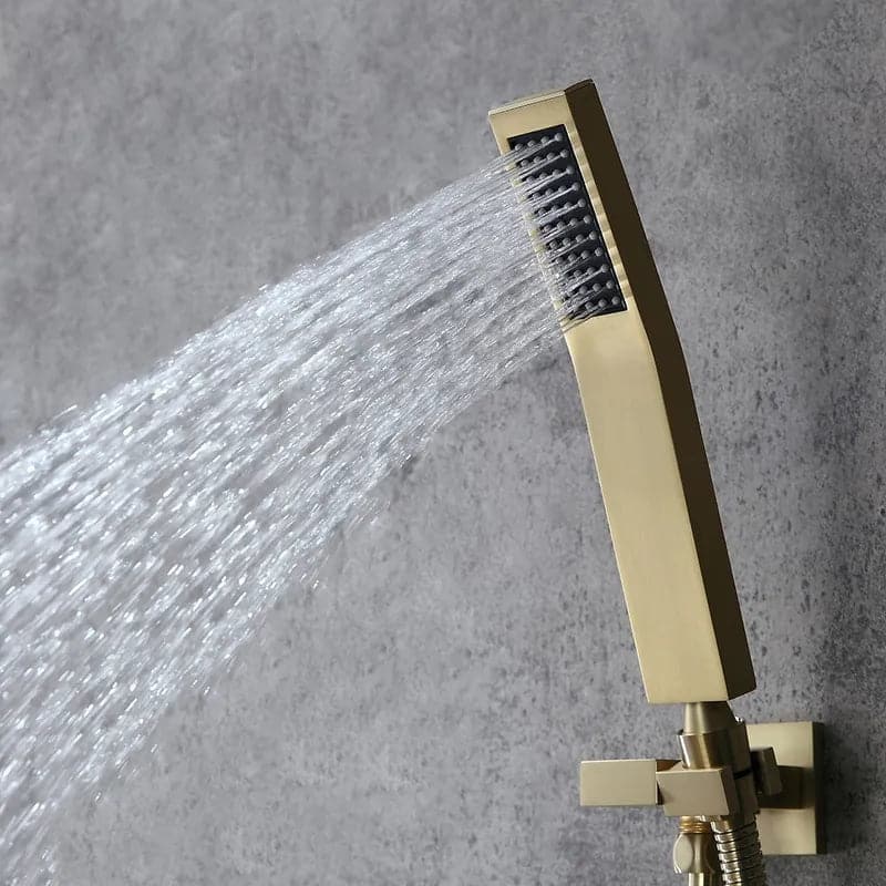 Système de douche à effet de pluie thermostatique de 20 po avec douchette à main et 3 jets corporels en or brossé