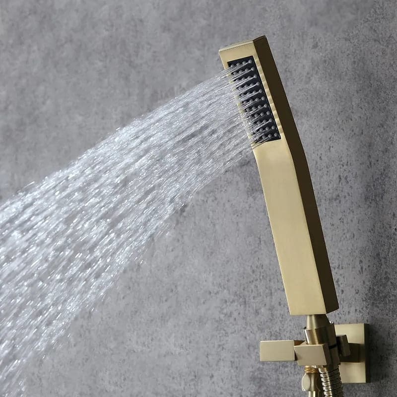 20" Thermostatic Rain Shower System with Hand Shower & 3 Body Jet Sprays in Brushed Gold