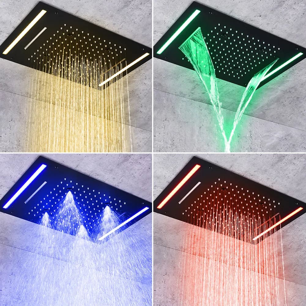 Système de douche thermostatique à effet de pluie monté au plafond de 20 po, 4 fonctions, lumière LED en noir