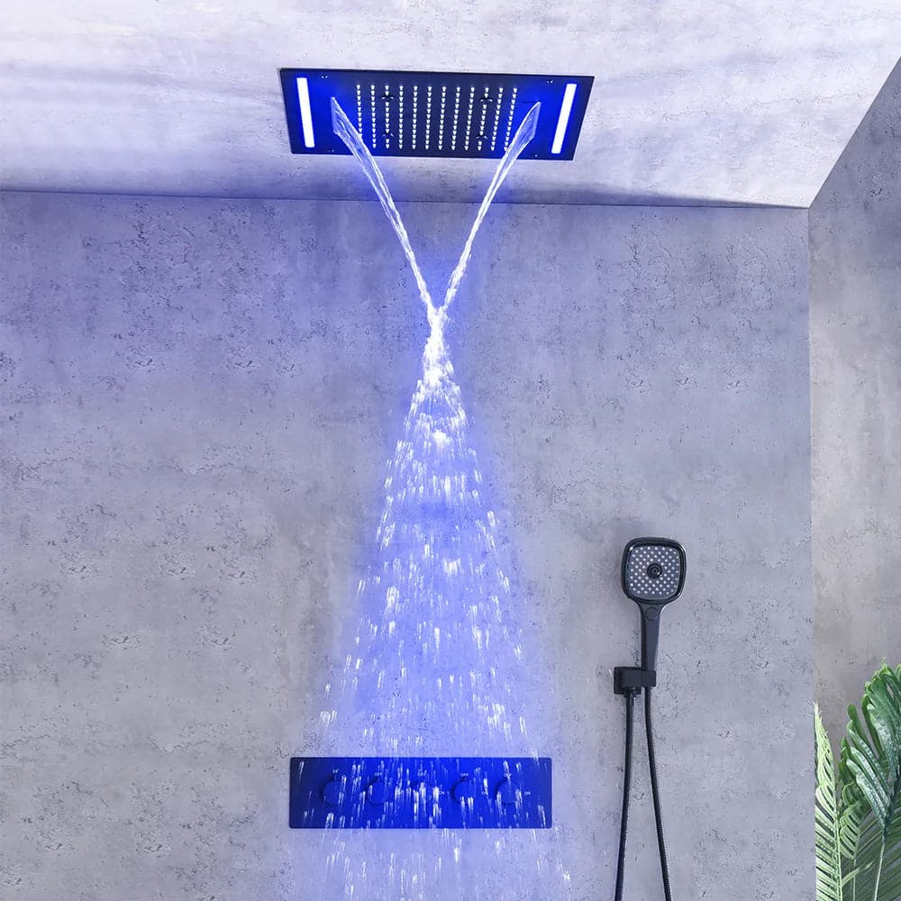 Système de douche thermostatique à effet de pluie monté au plafond de 20 po, 4 fonctions, lumière LED en noir