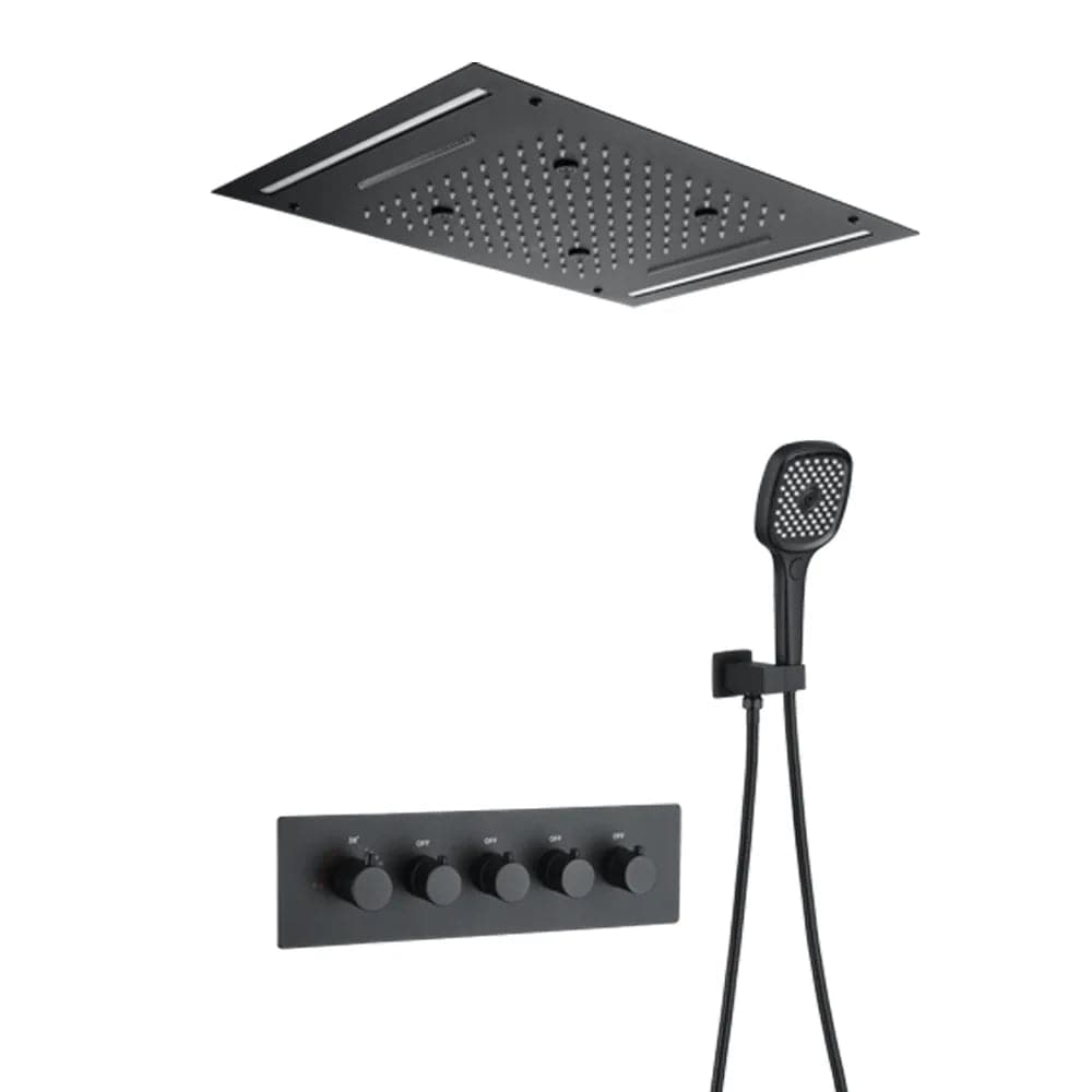 Système de douche thermostatique à effet de pluie monté au plafond de 20 po, 4 fonctions, lumière LED en noir