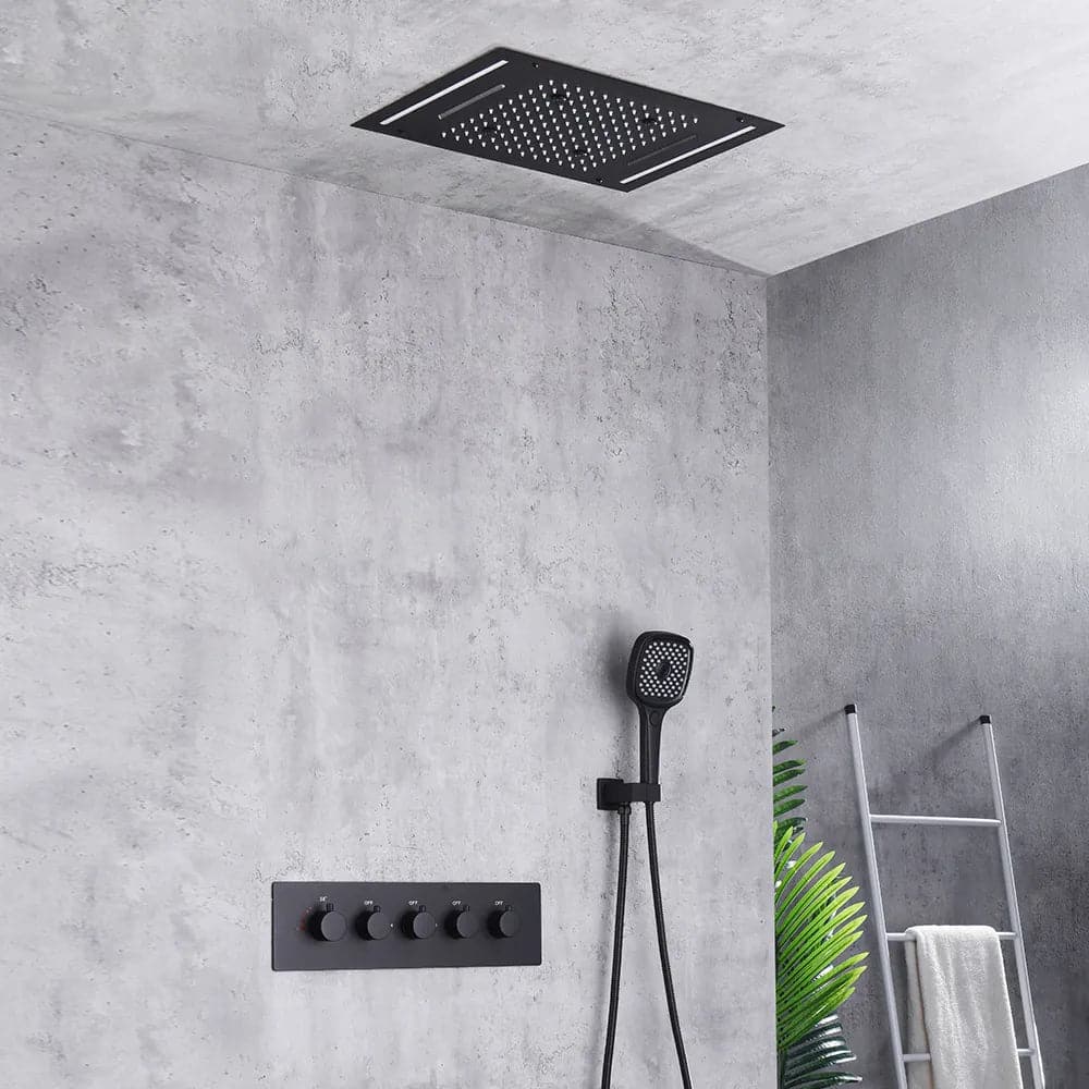 Système de douche thermostatique à effet de pluie monté au plafond de 20 po, 4 fonctions, lumière LED en noir