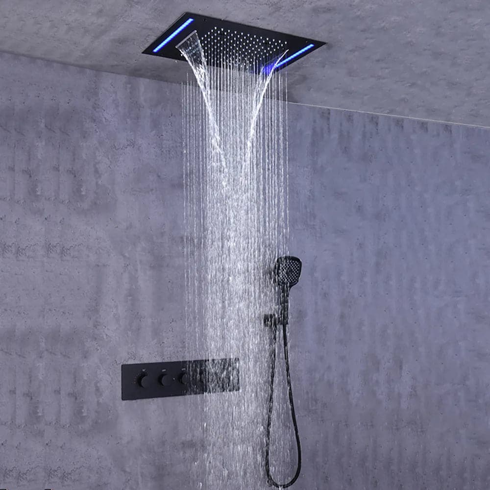 Système de douche thermostatique à effet de pluie monté au plafond de 20 po, 4 fonctions, lumière LED en noir