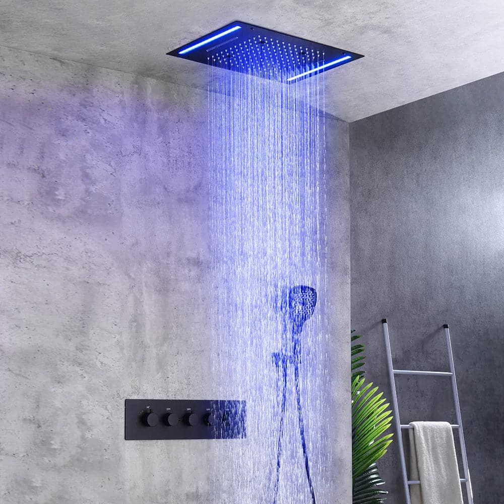 Système de douche thermostatique à effet de pluie monté au plafond de 20 po, 4 fonctions, lumière LED en noir