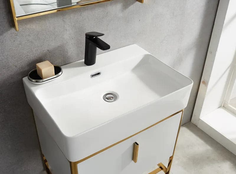 Meuble-lavabo flottant moderne blanc de 24 po avec étagère à tiroirs et évier simple en céramique intégré