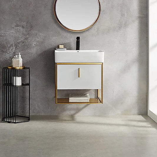 24" Modern White Floating Bathroom Vanity with Drawer Shelf Integral Single Ceramic Sink