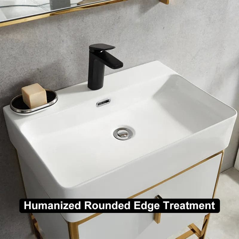 24" Modern White Floating Bathroom Vanity with Drawer Shelf Integral Single Ceramic Sink