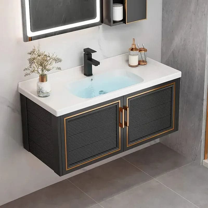 Black Floating Bathroom Vanity Set Drop-In Ceramic Sink with Cabinet#S