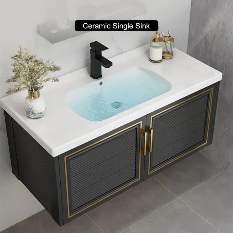 Black Floating Bathroom Vanity Set Drop-In Ceramic Sink with Cabinet#S