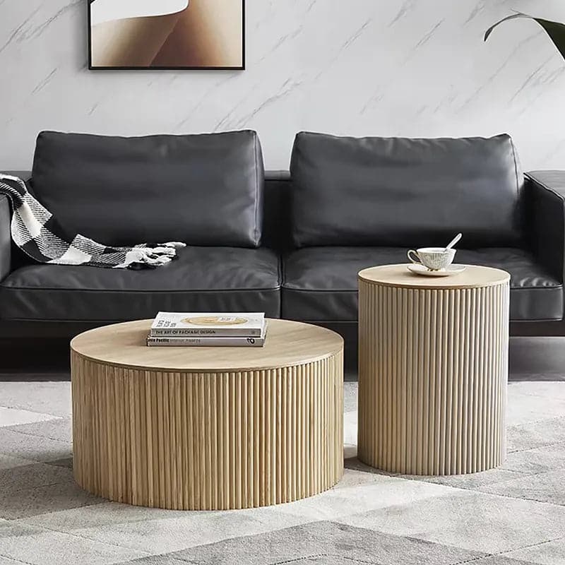 Table basse ronde en bois Japandi de 28 po avec rangement en naturel 