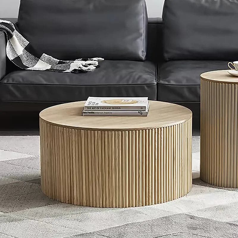 Table basse ronde en bois Japandi de 28 po avec rangement en naturel 