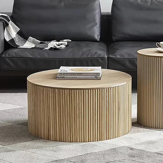 28" Japandi Round Wood Coffee Table with Storage in Natural