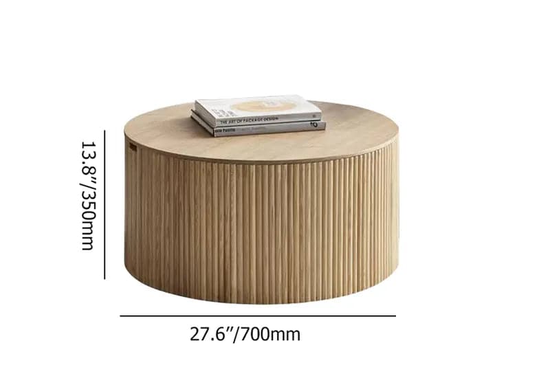 Table basse ronde en bois Japandi de 28 po avec rangement en naturel 