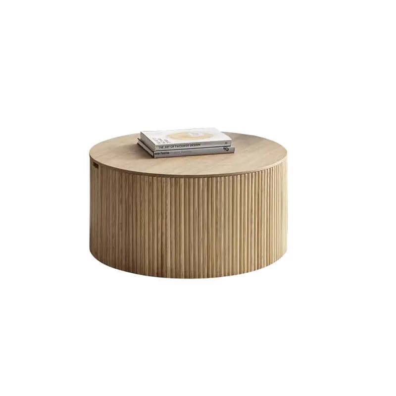 Table basse ronde en bois Japandi de 28 po avec rangement en naturel 