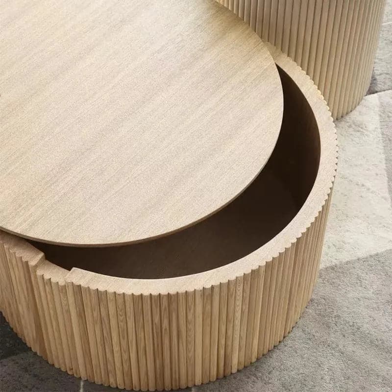 Table basse ronde en bois Japandi de 28 po avec rangement en naturel 