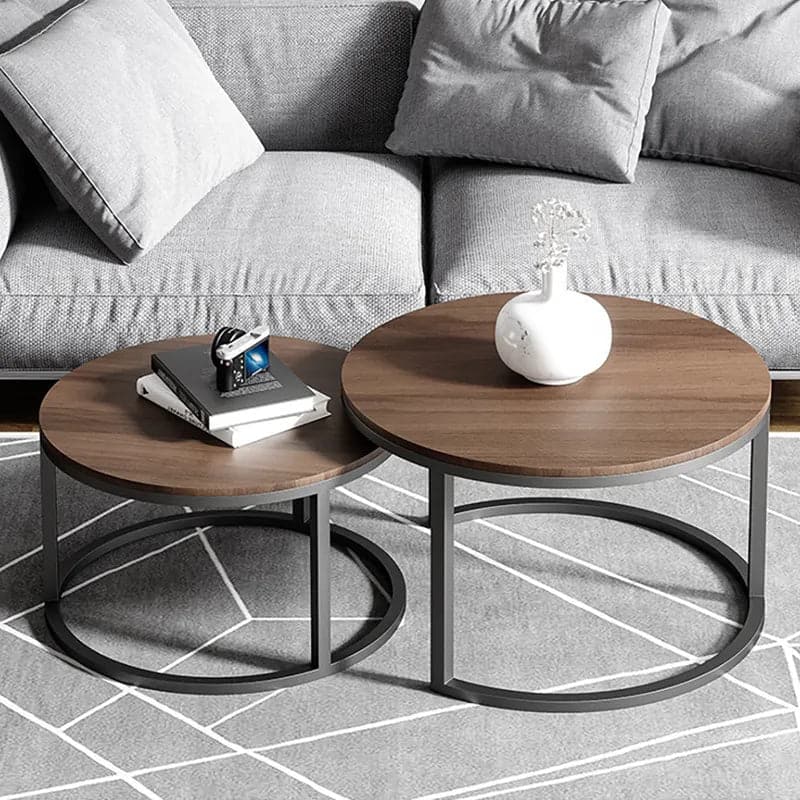 2 Pieces Modern Gray & Black Round Nesting Coffee Table for Living Room